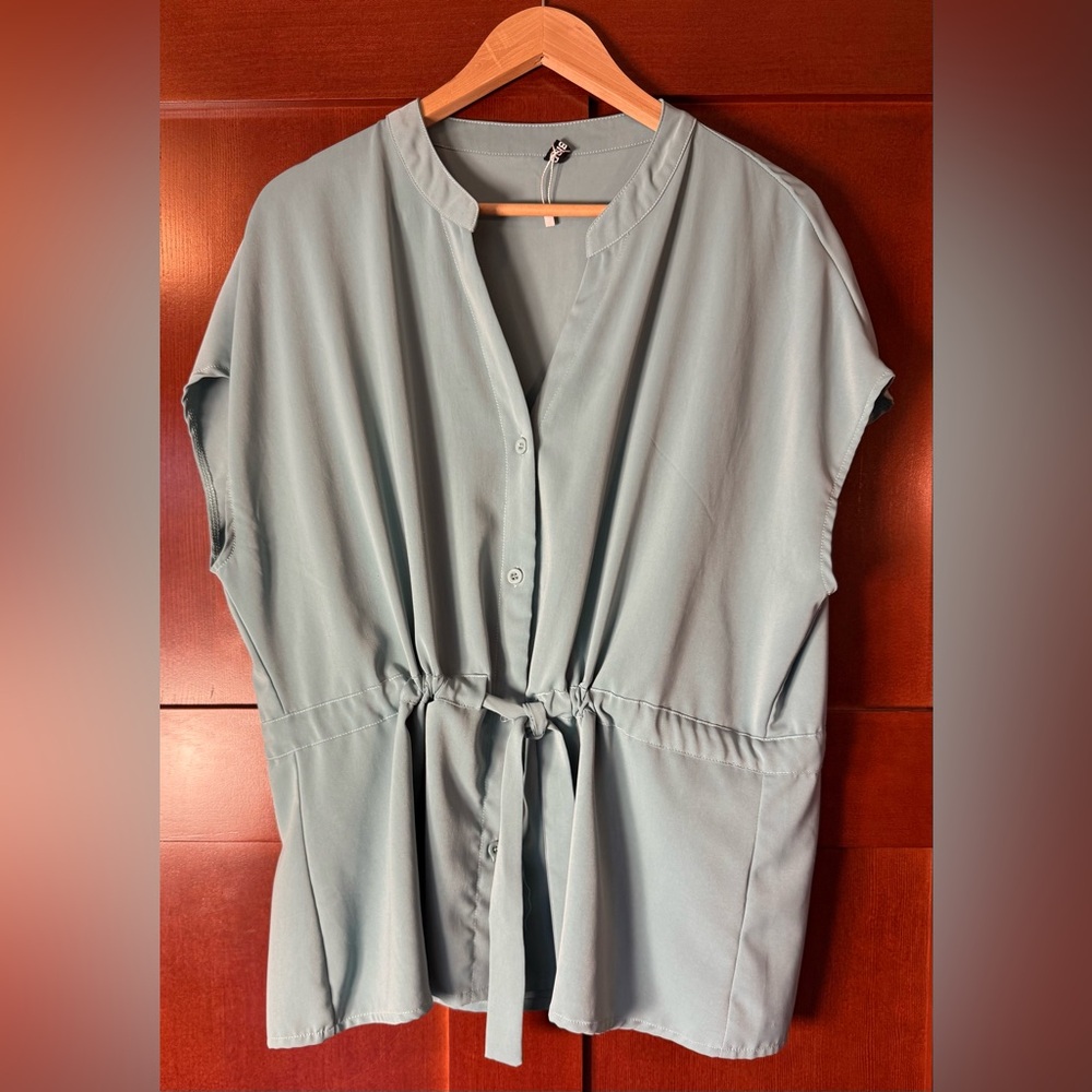 Soft Teal Blouse With Drawstring Waist